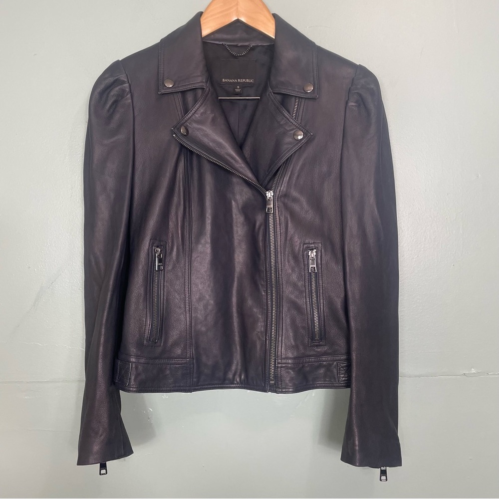 Banana Republic Motor Leather Jacker Biker Pacific Navy Size Small Puffed Sleeve